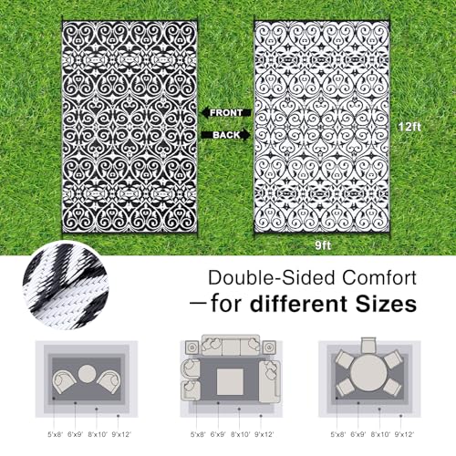 Outdoor Rug 9x12 ft Waterproof Reversible Floral Mat