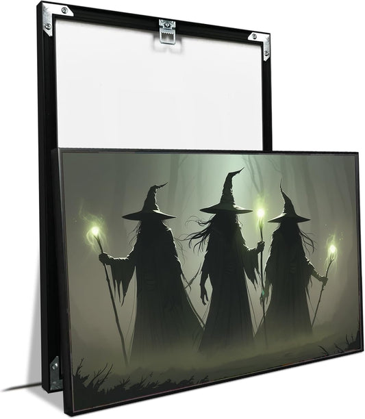 JFHCQJPK Vintage 3 witches canvas wall decor melancholy dark Halloween poster wall decor holding a staff print Gothic horror Halloween painting print for living room bedroom12x16in Metal blackFramed