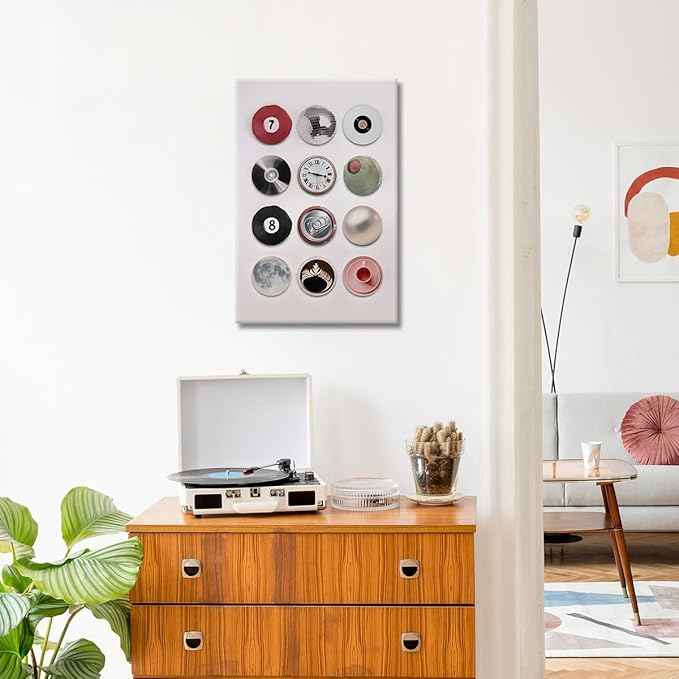 Vintage Disco Ball Canvas Wall Art, Retro 8 Ball Poster, Trendy Music Record Painting, Funky Aesthetic Moon Coffee Cup Prints For Apartment Dorm Wall Decor 24x36in Framed