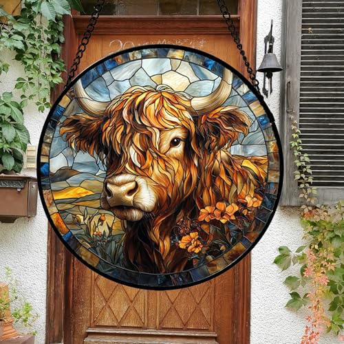 Scottish Highland Cow Stained Glass Window Hanging Suncatcher Gifts 15"
