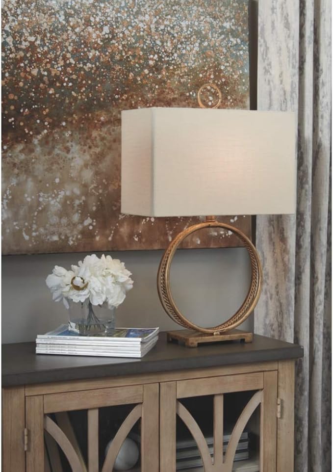 Signature Design by Ashley Mahala Traditional 28" Braided Metal Round Single Table Lamp, 3-Way Switch, UL Listed, Rectangular Shade, Antique Gold Finish
