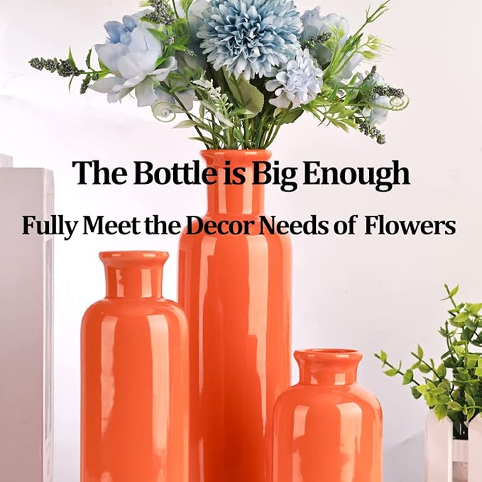 Ceramic Vase Set - 3 Orange Small Vases, Farmhouse Country Flower Vase Home Decor, Living Room Decoration, Table Decoration, Fireplace Decor, and Entrance Decorations Centerpieces