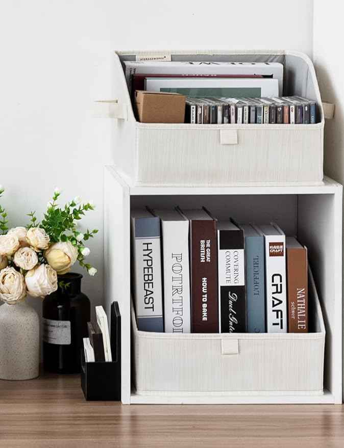 StorageWorks Closet Storage Bins, Trapezoid Organizer Box for Shelves, Fabric Clothes Bin, Foldable Organizing Baskets with Handles, Small, 3-Pack, Mixing of Beige, White & Ivory