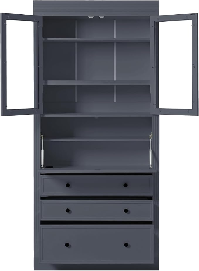 Merax 78 Inch Extra-Tall Freestanding Kitchen Pantry Storage Cabinet, Multifunctional Cupboard with 3 Drawers, Adjustable Shelves & Power Outlet Drop-Down Surface for Dining and Living Room, Grey