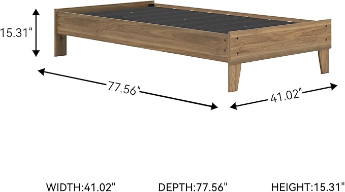 Signature Design by Ashley Deanlow Mid-Century Modern Twin Platform Bed with Metal Slats, Wood, Foundation or Box Spring Not Needed, Honey Brown (Headboard Not Included)