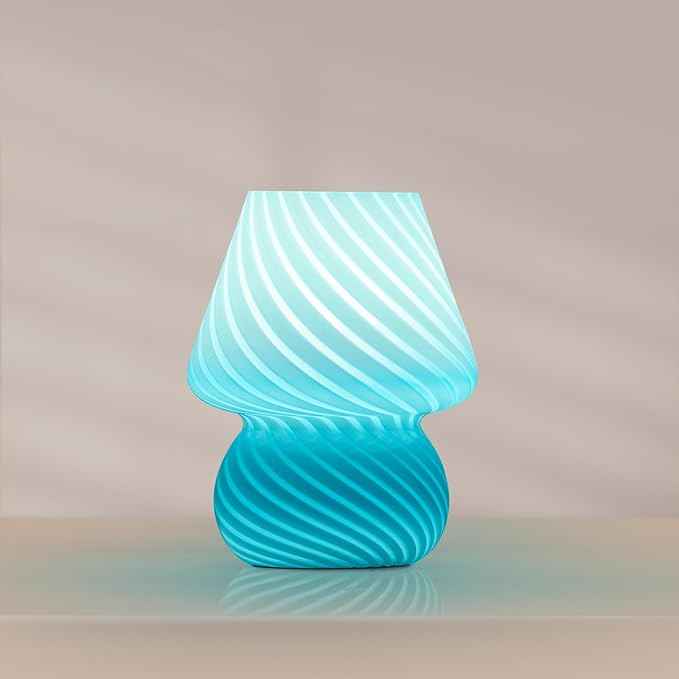ONEWISH Mushroom Lamp, Small Table Lamp with Sea Blue Striped Glass, Nightstand Lamp Bulb Included