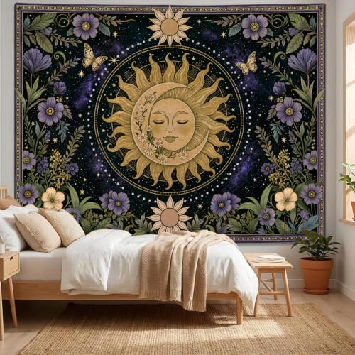 Boho Vintage Sun and Moon Hippie Purple Floral Tapestry 48 x 36 Inch
