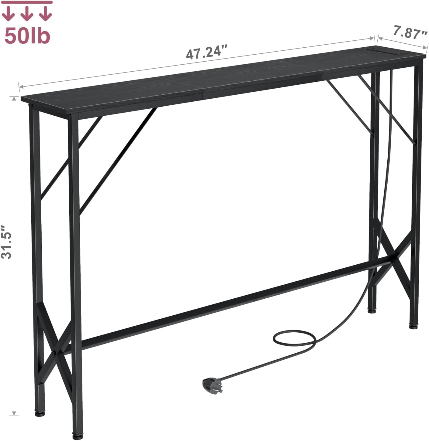47.2'' Console Table, Skinny Entryway Table with Fast-Charging Station, Narrow Long Sofa Table, Behind Slim Couch Table for Entrance, Hallway, Living Room Decor ST-BK120-1