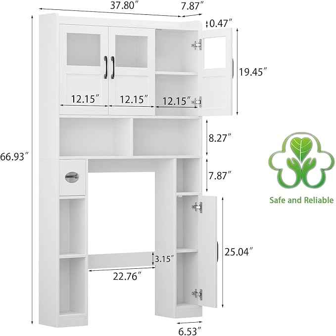Over The Toilet Cabinet,Farmhouse Toilet Cabinet Rack with 3 Acrylic Doors and Adjustable Storage Shelf,Space Saving Bathroom Organizer with Toilet Paper Holder Stand for Restroom, Laundry，White