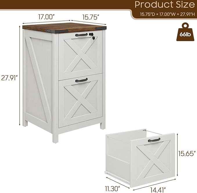 Vabches Vertical File Cabinet with 2 Drawers, Wooden Farmhouse Filing Cabinet for Letter/A4 Size Hanging Files, Under Desk Printer Stand with Storage for Home Office, White and Lock