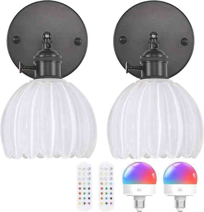 Vintage Battery Operated Wall Sconce with White Tulip Glass Lampshade Rechargeable Battery Powered Black Wall Light with Remote Control for Bedside Bedroom Doorway, Set of 2