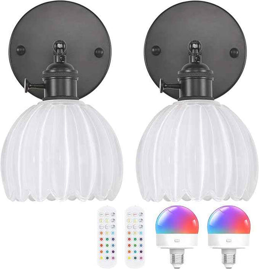 Vintage Battery Operated Wall Sconce with White Tulip Glass Lampshade Rechargeable Battery Powered Black Wall Light with Remote Control for Bedside Bedroom Doorway, Set of 2