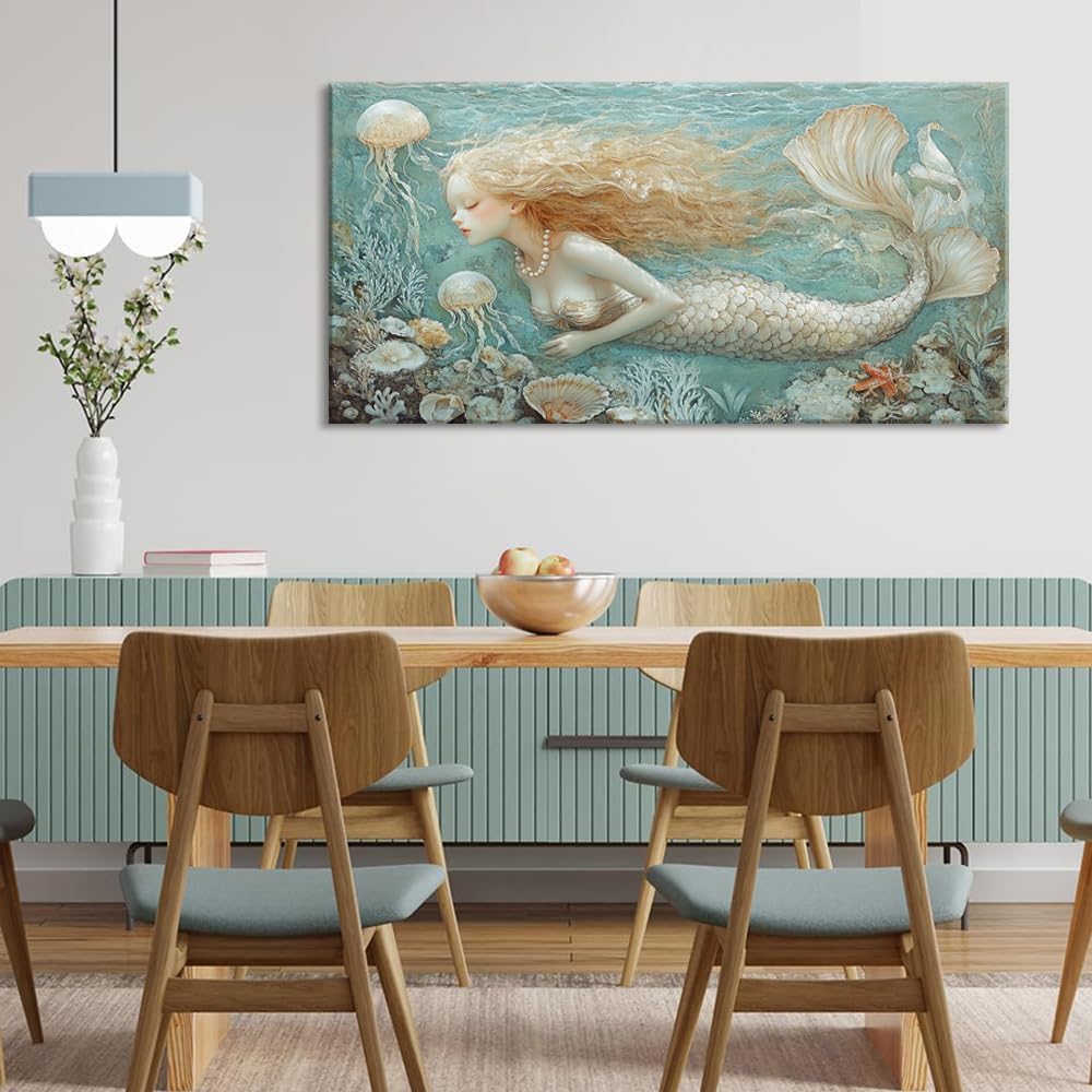 LASMOND Ocean Mermaid Wall Art for Girls Room Modern Canvas Prints Marine Organism Underwater World Sea Creatures Artwork Paintings Women Bedroom Wall Decor (46x23 Inches)