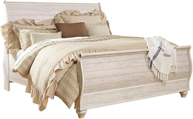 Signature Design by Ashley Willowton Cottage Farmhouse Sleigh Headboard ONLY, King, Whitewash