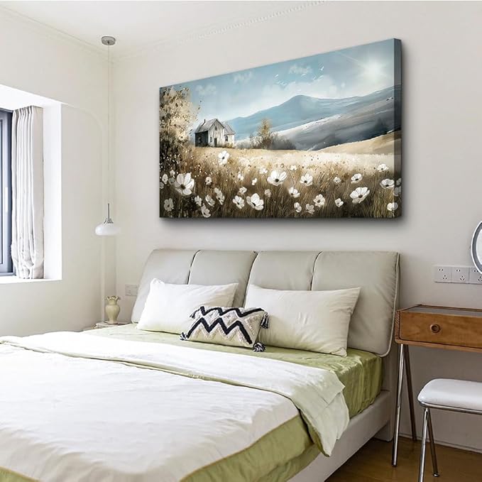 Wapluam Canvas Wall Art For Living Room Large Wall Decor For Bedroom Field Scenery Watercolour Flowers Wall Paintings Office Decorations Old House Pictures Artwork Home Decor Ready To Hang 48L x 24W