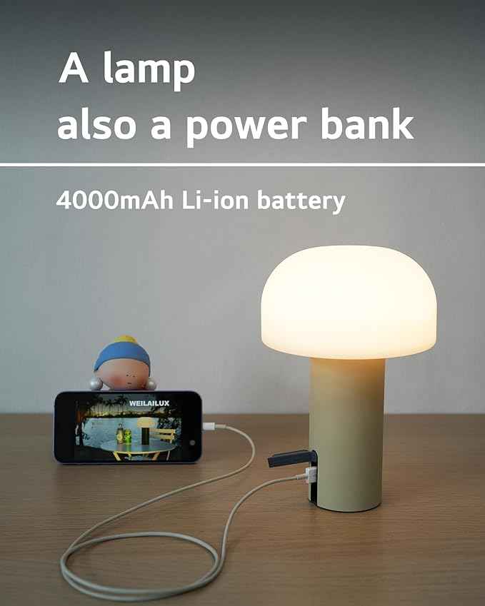 Cordless Mushroom Table Lamp, Waterproof Shower Lamp, Battery Operated Table Lamp Rechargeable, Touch Dimmable Night Light for Bedroom/Patio/Camping/Dinning/Outdoor (Khaki)