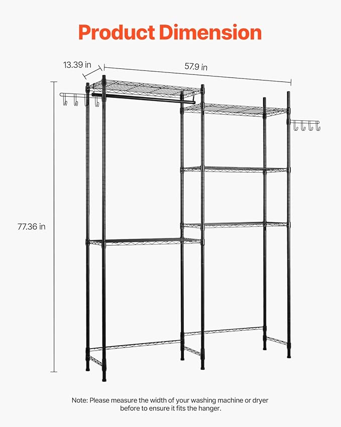 VEVOR Over The Washer and Dryer Storage Shelf, 5 Tier Laundry Room Drying Rack with Hanger Rod and Hooks, Adjustable Over Washer and Dryer Shelves, Laundry Room Shelf Storage Space Saver, Black
