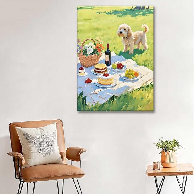 Paint by Numbers Kit for Adults Framed, Summer Picnic with Dog and Desserts, DIY Oil Painting, Pre-Printed Canvas Wall Art Home Decor Gift, 16x20inch Framed, 24 Colors