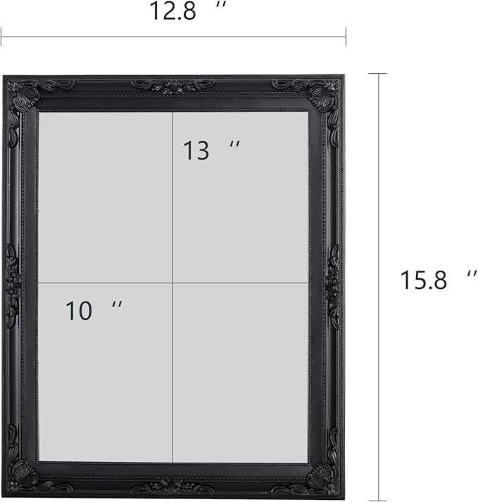 Funly mee Baroque Square Wall Mirror, 12.8 x 15.8 inches, Vintage Black Plastic Frame, Vertical or Horizontal Mount (Black, 12.8 x 15.8)