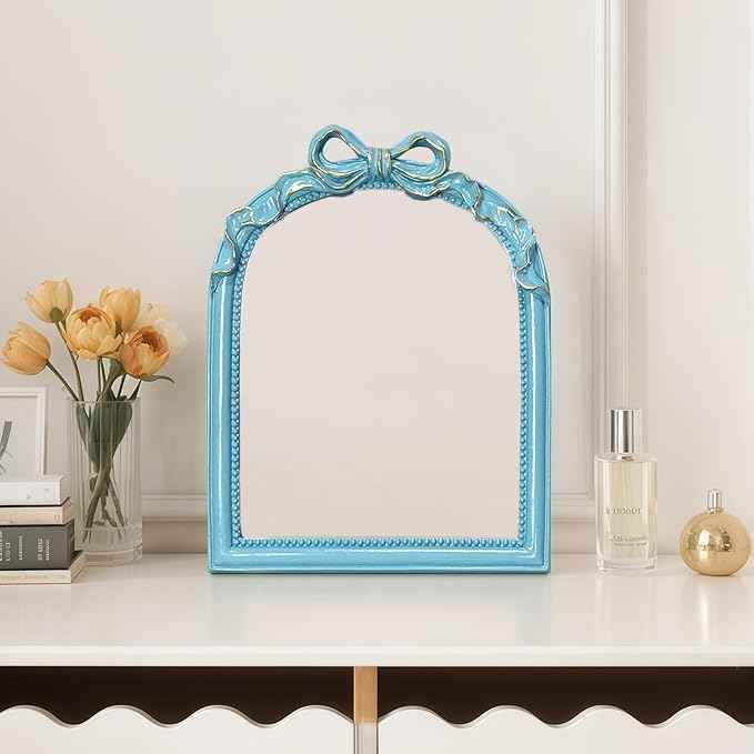 Blue Bow Mirror - 13x10 Inch Perfect Elegant Decorative Accent, Wall-Mounted Tabletop Makeup Mirror for Nursery Baby Room Bedroom Decor