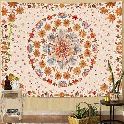 Boho Floral Mandala Tapestry Wall Hanging Watercolor Bohemian Flower Medallion Tapestry Aesthetic Beige Orange Hippie Indian Small Tapestries for Bedroom Living Room Dorm Decor 48 x 36 Inch