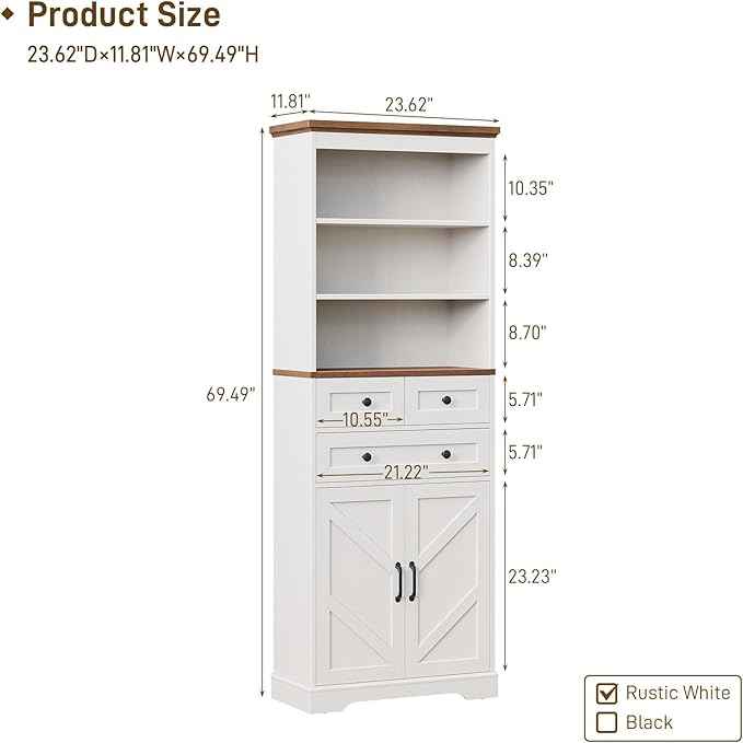 Vabches 70" Tall Bathroom Storage Cabinet, Farmhouse Bathroom Cabinet with 3 Drawers, Adjustable Shelves & Doors, 3 Tier Wood Cabinets for Bathroom, Living Room, Rustic White