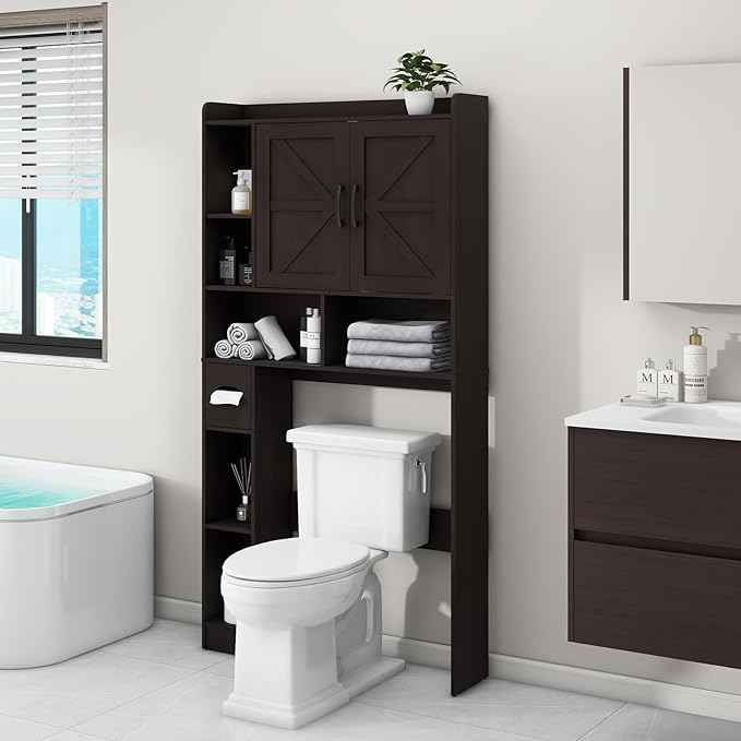 Over The Toilet Storage Cabinet, Farmhouse Storage Cabinet Over Toilet with 2 Barn Door & Toilet Paper Holder Stand, Home Space-Saving Toilet Rack, for Bathroom, Restroom (Black)