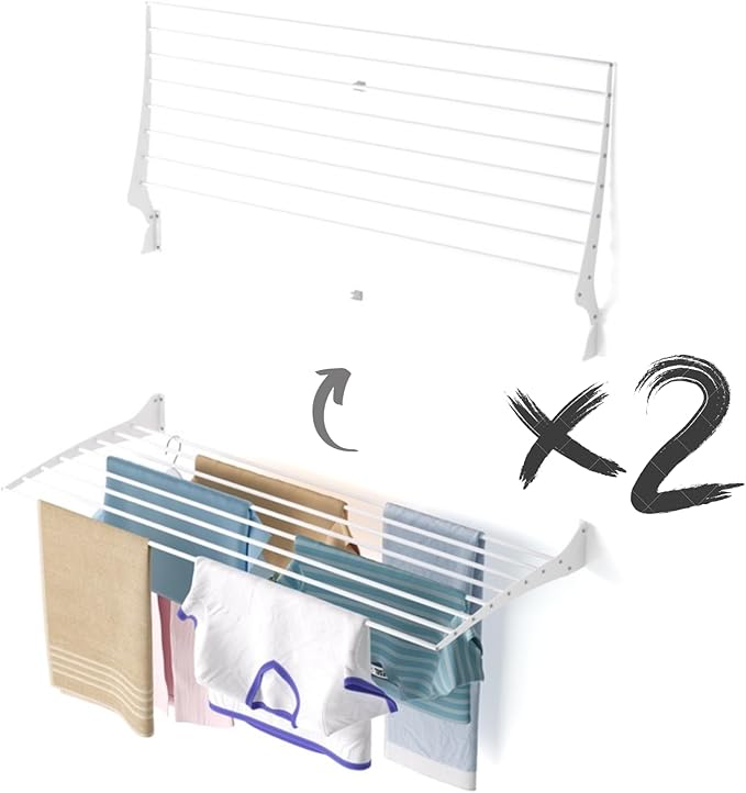 foxydry Fold, Wall Drying Rack, Vertical Drying Rack for Indoor and Outdoor Aluminium and Steel (White - Closing Up, 2X Fold 120)