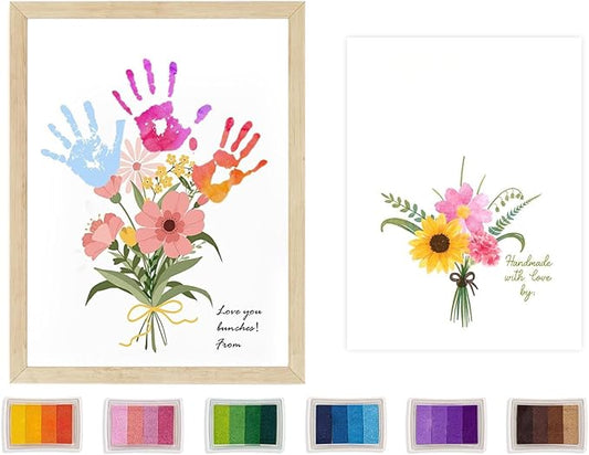 Physkoa Mom & Grandma Keepsake Gift — Handprint Flower Craft with Wood Frame — Great Grandma Gift for Birthday or Xmas— 2 Art Styles + Washable Ink Pads