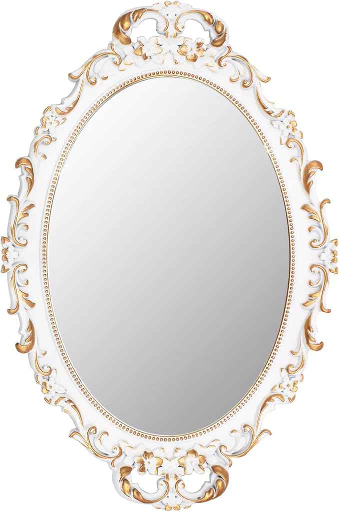Vintage Decorative White Framed Mirror, Small Oval Wall Hanging Mirror - 9.6" W x 14.3" L (White)