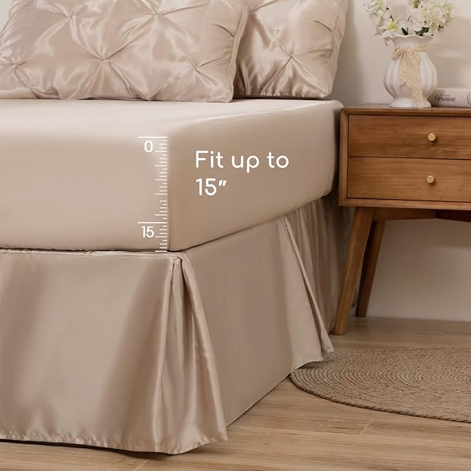 MR&HM Satin Comforter Queen 7 Pieces - Luxurious Pinch Pleat Bedding Set with Comforter, Flat Sheet, Fitted Sheet, Pillowcases & Shams, Super Silky Soft Bed Set for All Season (Queen, Champagne)