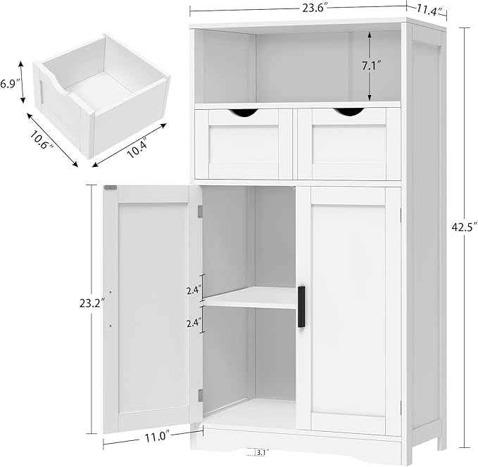 Iwell Bathroom Cabinet with Doors and Drawers, Freestanding Bathroom Storage Cabinet, Adjustable Shelves, for Living Room, Kitchen, Home Office, White