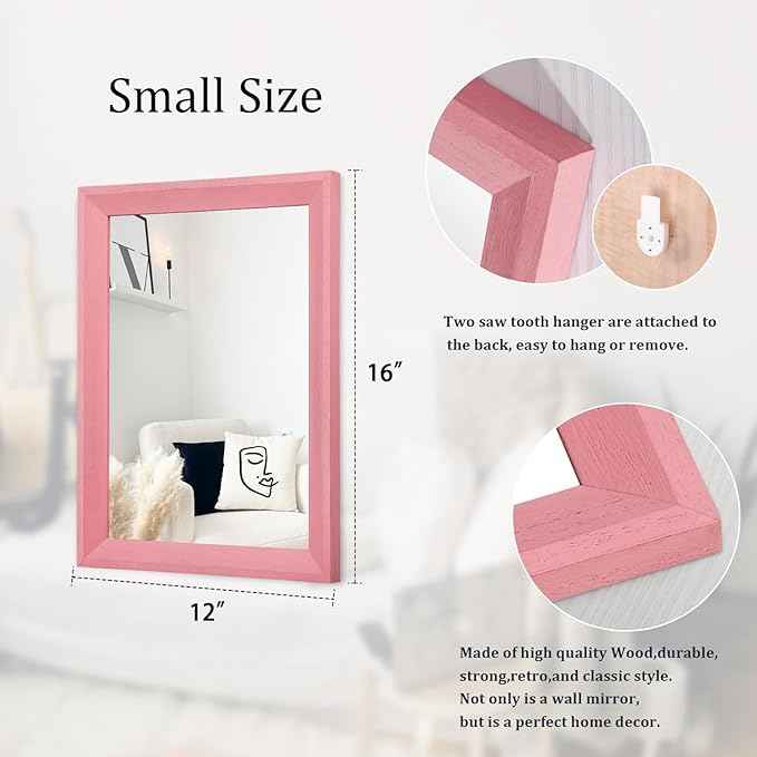 AAZZKANG Rectangle Mirror with Wood Frame Modern Farmhouse Wall Mirrors Decor for Bedroom Bathroom Living Room Small Pink