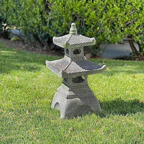 2 Tier Pagoda Garden Statue LED Solar Powered Light 26" Tall Outdoor Zen Garden Lantern Landscape Lawn Asian Pagoda Stupa Decor Grey Resin