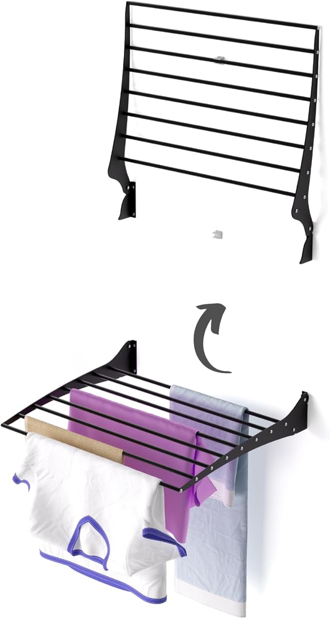 foxydry Fold Wall Mounted Clothes Drying Rack, Black Folding Laundry Airer for Indoor or Outdoor Use Aluminium and Steel 23.6x20x21 in (23.63 in / 60 cm)
