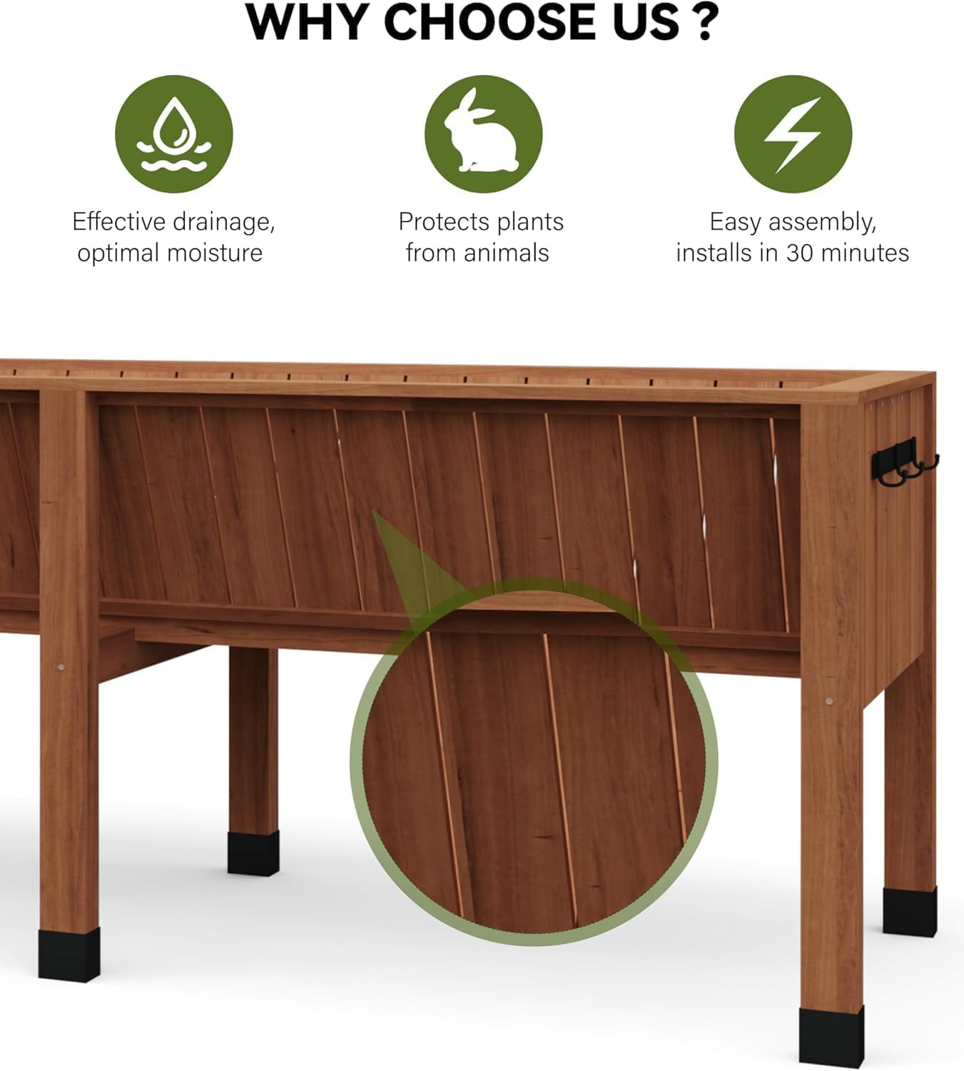 72x26x31 Inch Raised Garden Bed with Legs, 13.7In Depth Wooden Planter Box for Outdoor Growing Vegetables and Herbs, Elevated Garden Bed with Hooks for Backyard, Patio, Balcony