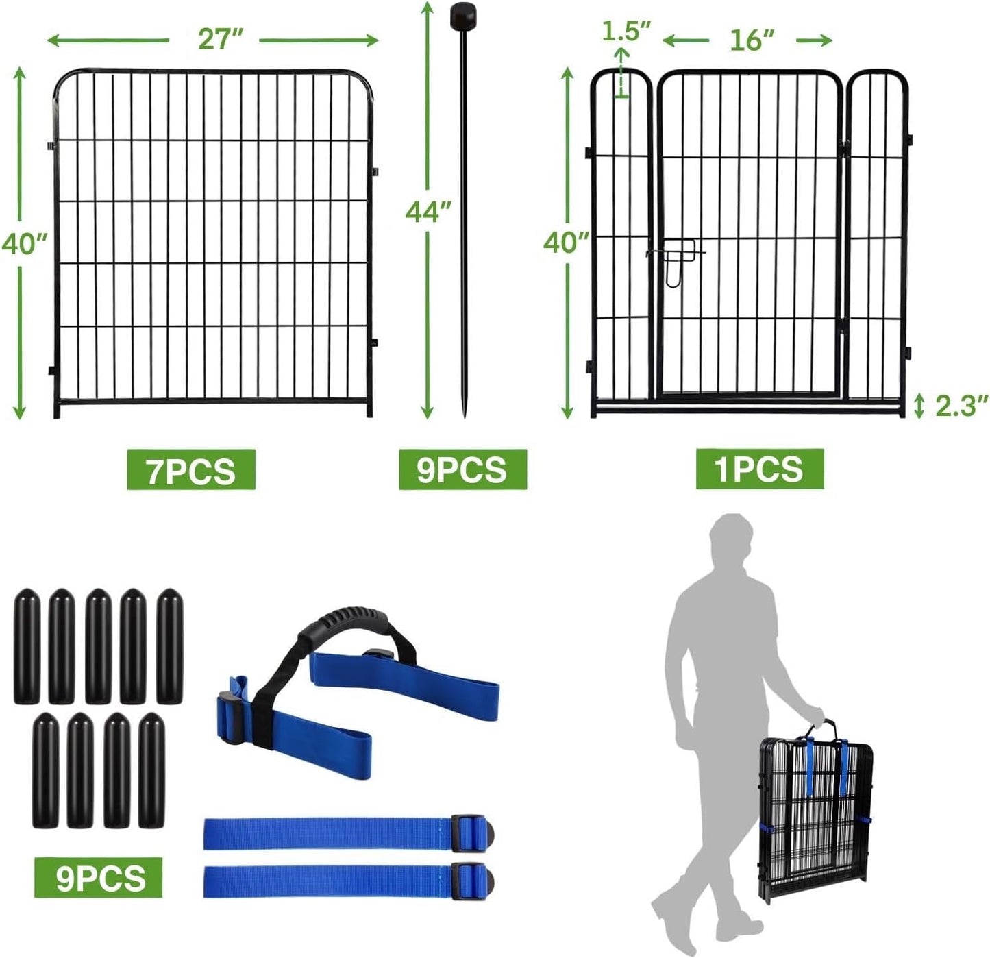 ADAVIN 40 in(H) Garden Fence with Low Threshold Door, Dog Fence Outdoor for Yard, 8 Panels Total 17.7 Ft(L) Dog Playpen，Black Metal Dog Play Pen Indoors, Pet Puppy Playpen for Camping, Dog Fencing