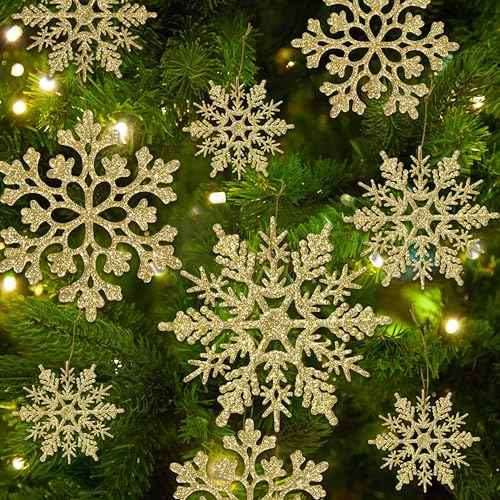 60pcs Christmas Gold Snowflake Ornaments Plastic Glitter Snow Flakes Ornaments for Winter Christmas Tree Decorations Size Varies Craft Snowflakes (60 Count)