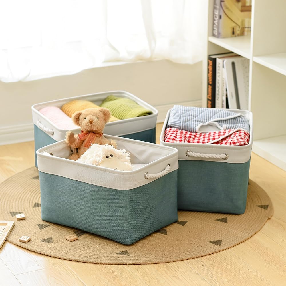 TheWarmHome Organization and Storage basket for Organizing - 3 Pack 16x12x12 inch Cube Storage Bin for Shelves, Fabric Storage Cubes for Organizer Cloth Closet Toy Box (White & Green)