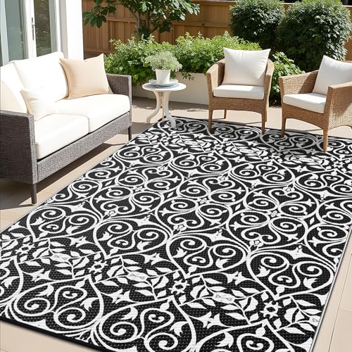 Outdoor Rug 9x12 ft Waterproof Reversible Floral Mat