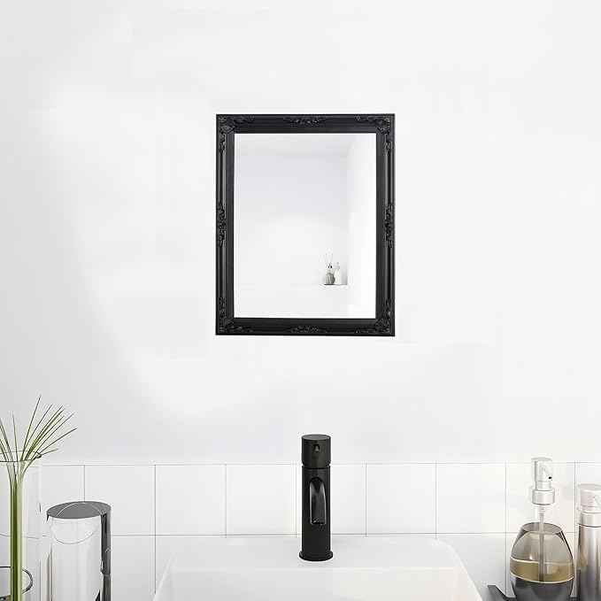Funly mee Baroque Square Wall Mirror, 12.8 x 15.8 inches, Vintage Black Plastic Frame, Vertical or Horizontal Mount (Black, 12.8 x 15.8)