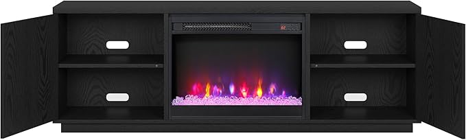 Henn&Hart Fluted TV Stand for TVs up to 75" with 26" Electric Crystal Rocks Fireplace and Ribbed Side Storage Cabinets for Living Room, Family Room, or Office, Natural Black