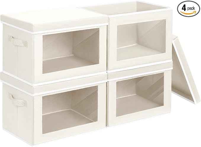 Fabric Storage Bins with Lids, Decorative Storage Boxes, Closet Storage Bins with Window, Storage Baskets for Closet, Closet Organizers for Towel, Clothes, Beige, 4-Pack