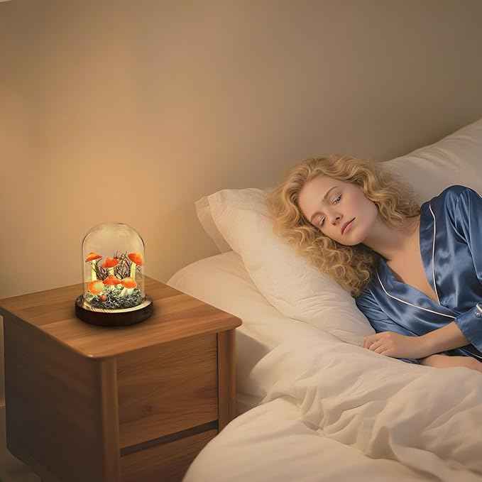 Mushroom Lamp, Decor LED Light in Glass Dome with Base for Home Bedroom Decor Birthday with Birthday Valentines Anniversaries Gifts Box (Orange)