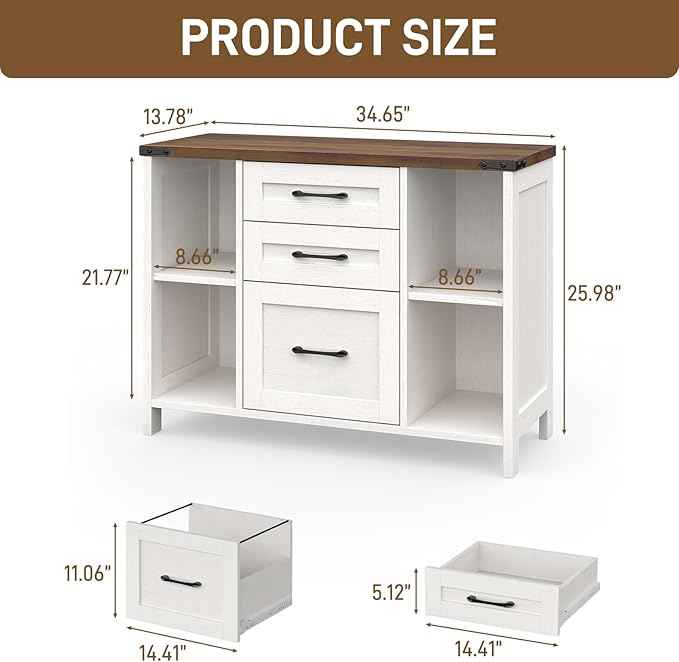 Vabches File Cabinet with 3 Drawers, Farmhouse Lateral File Cabinet Fits Files Letter/A4 Size, Wooden Filing Cabinet with Adjustable Shelves Printer Stand for Home Office, White