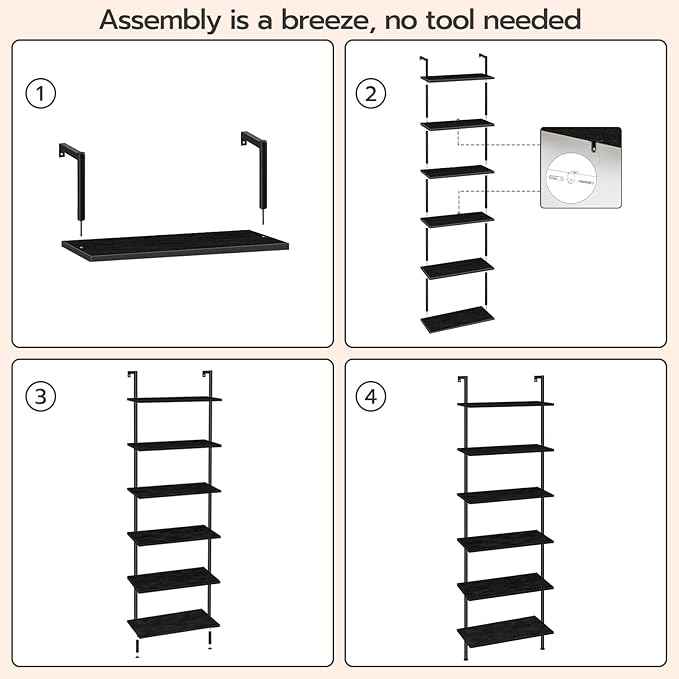 HOOBRO DIY Ladder Shelf, 6-Tier Wall Mounted Bookshelf, Office Vertical Bookcase, Wooden Storage Shelves for Home Office, Bedroom, Black BB65CJ01