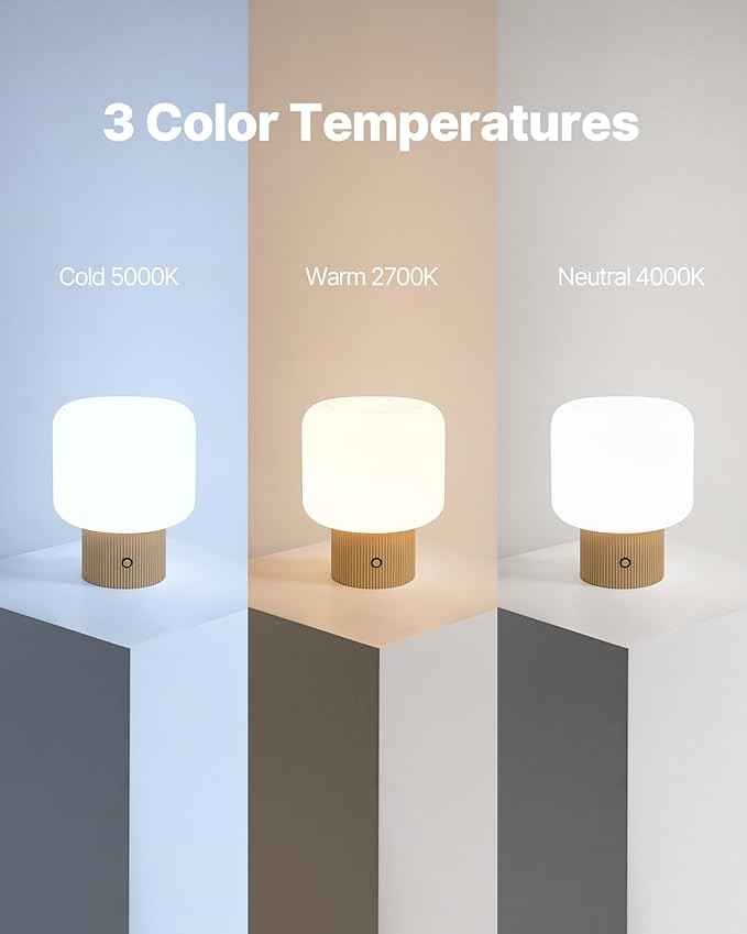 Halo Mushroom Lamp, 5W Cute Cordless Rechargeable Table Lamp with Glass Shade, 3 Color Temps LED Dimmable Ambient Lighting, Small Retro Touch Bedside Light for Bedroom Decor, Mustard Yellow