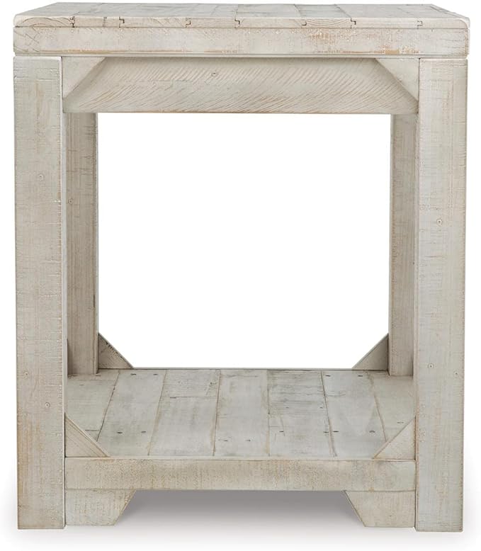 Signature Design by Ashley Fregine Farmhouse Rectangular End Table with Lower Open Shelf, Triangle Bracket Accents, Wood, 25.25" High, Weathered White