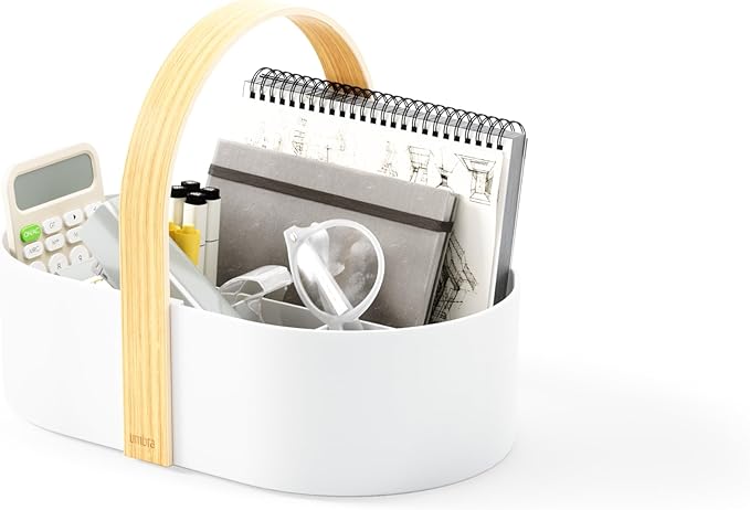 Umbra Bellwood Caddy, Organizer Bin for Makeup and Cosmetics, Durable Lightweight Container with Wooden Handle and Removable Dividers, Small, White/Natural