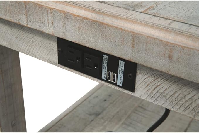 Signature Design by Ashley Carynhurst Farmhouse Rectangular End Table with Lower Shelf, 2 Electrical Outlets and 2 USB Ports, Wood, 24" High, Light Gray